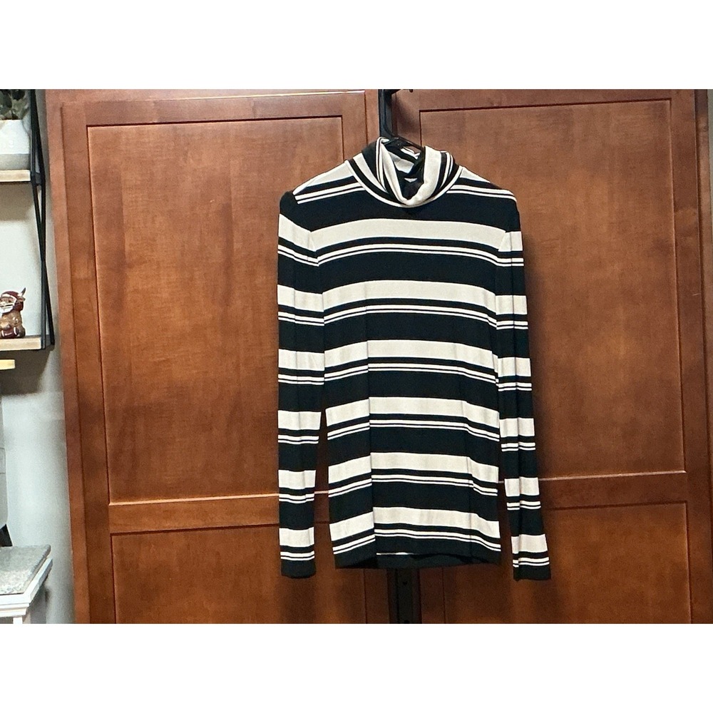 Sanctuary Essential Stripe Turtleneck Top Womens M Black Ivory Ribbed NWT